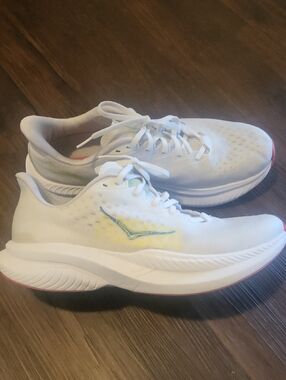Hoka White Sneakers with Yellow Logo and Pink Sole Trim